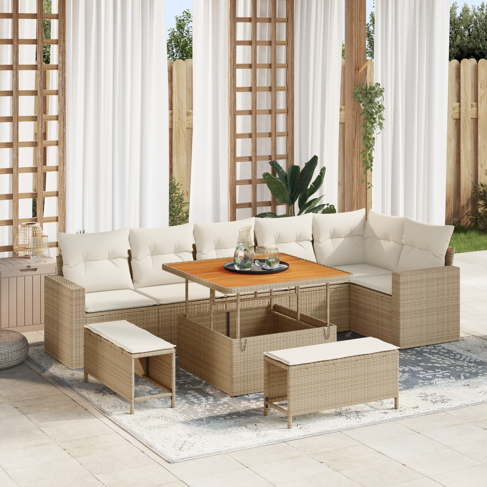 9-teiliges Garten Sofa Set mit Kissen Beige Poly Rattan Akazie 9-teiliges Garten Sofa Set mit Kissen Beige Poly Rattan Akazie