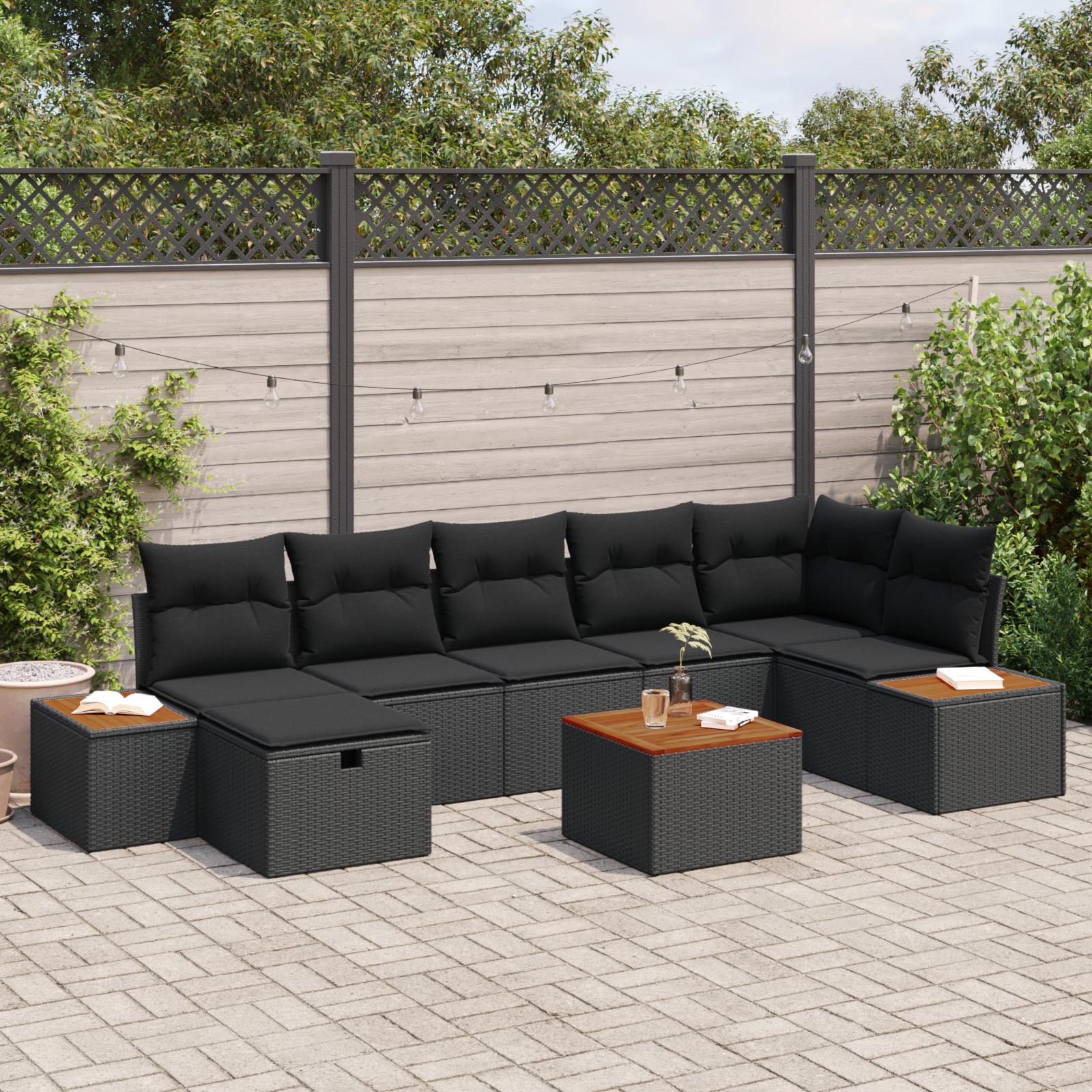 8-teiliges Garten-Sofaset mit Kissen Schwarz Poly-Rattan 8-teiliges Garten-Sofaset mit Kissen Schwarz Poly-Rattan