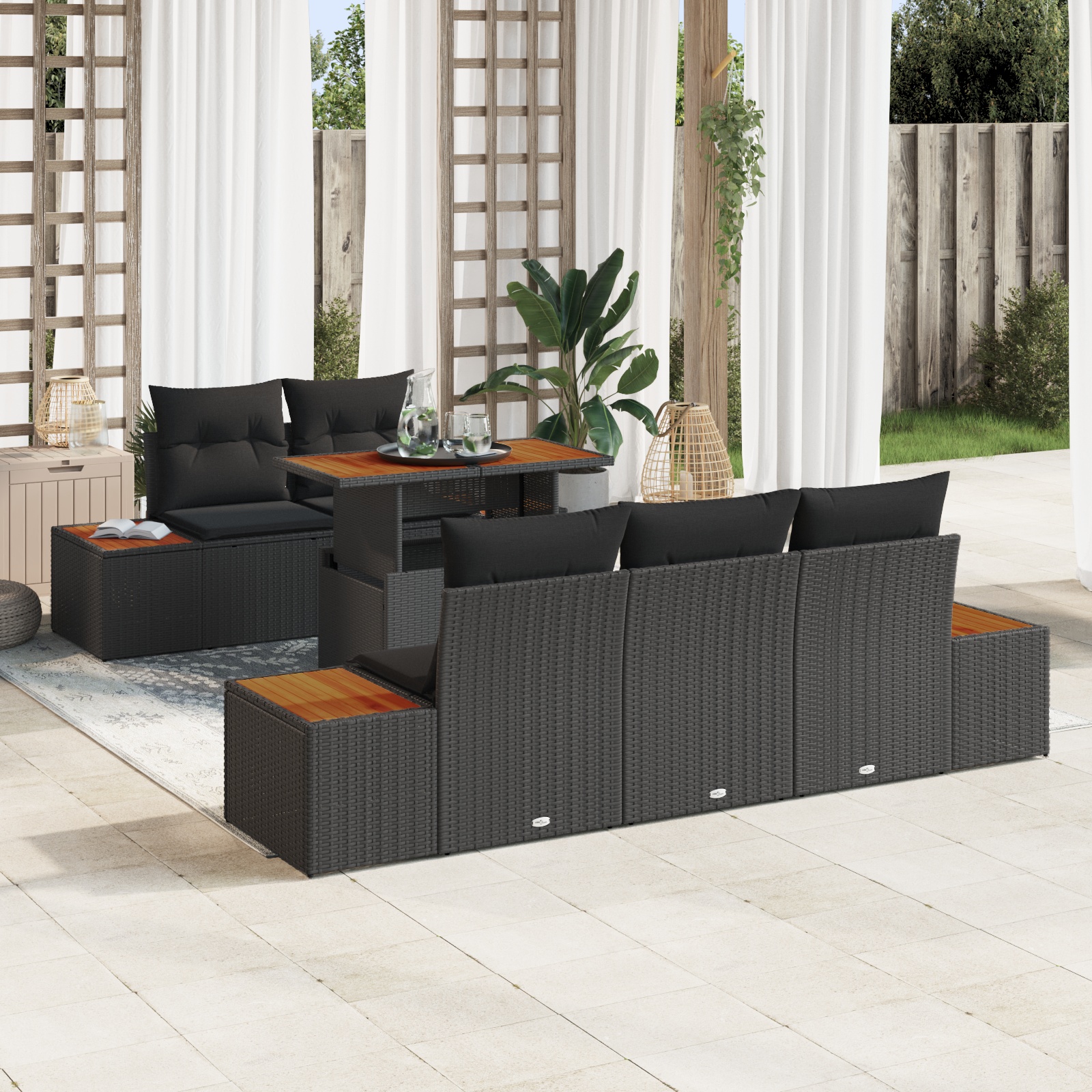 6-teiliges Gartensofa Set mit Kissen Schwarzes Poly-Rattan 6-teiliges Gartensofa Set mit Kissen Schwarzes Poly-Rattan