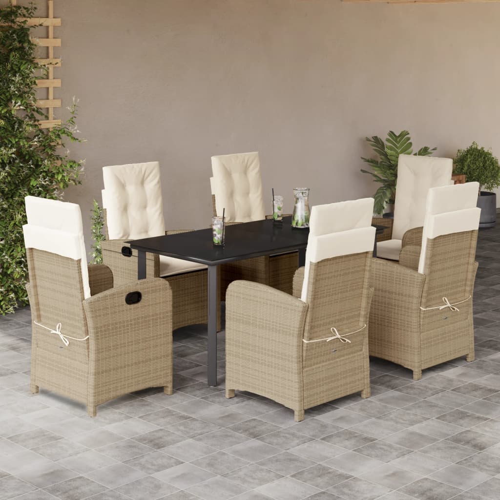 7-tlg. Garten-Essgruppe mit Kissen Beige Poly Rattan