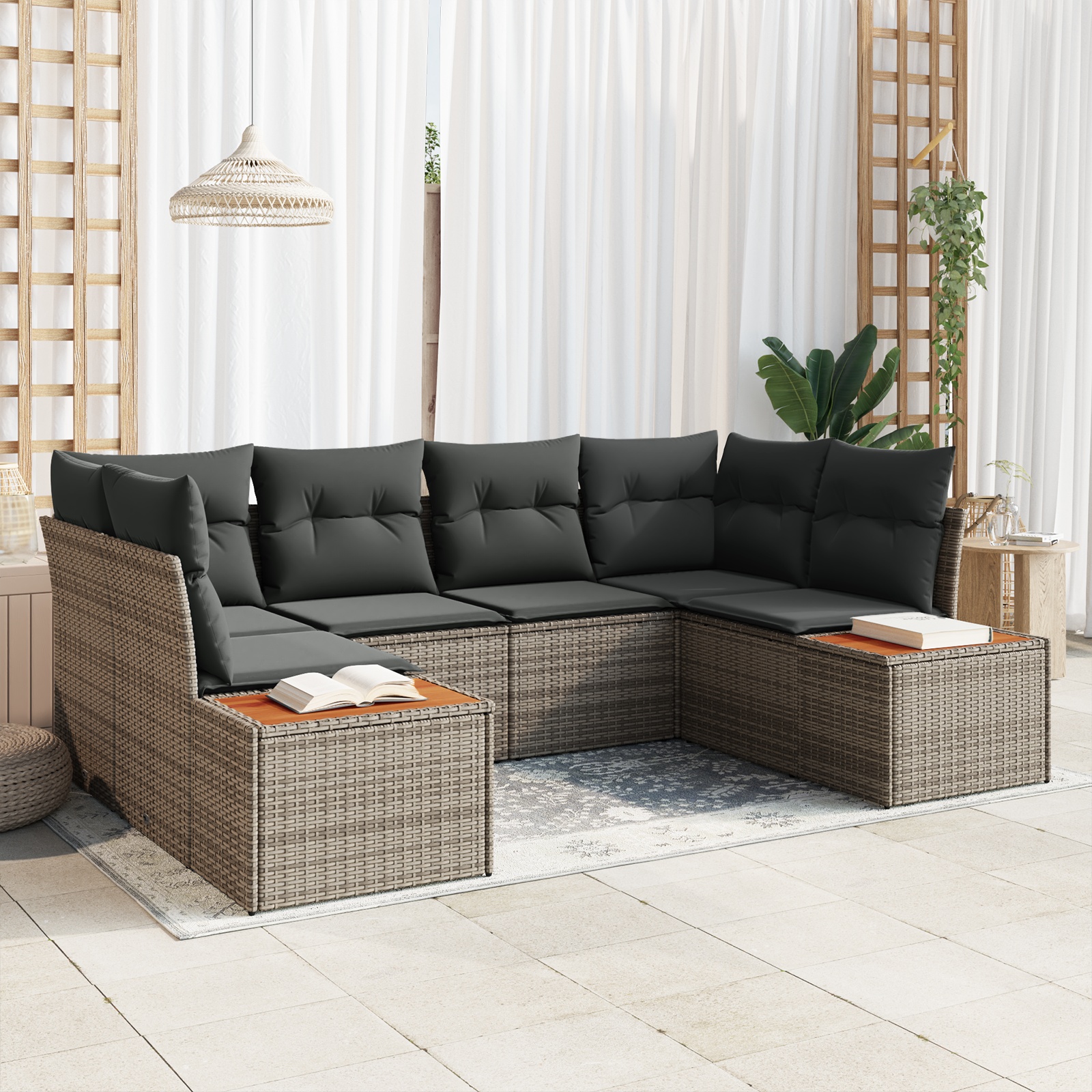 6-teiliges Garten-Sofa-Set mit Kissen Grau Poly-Rattan Akazie 6-teiliges Garten-Sofa-Set mit Kissen Grau Poly-Rattan Akazie