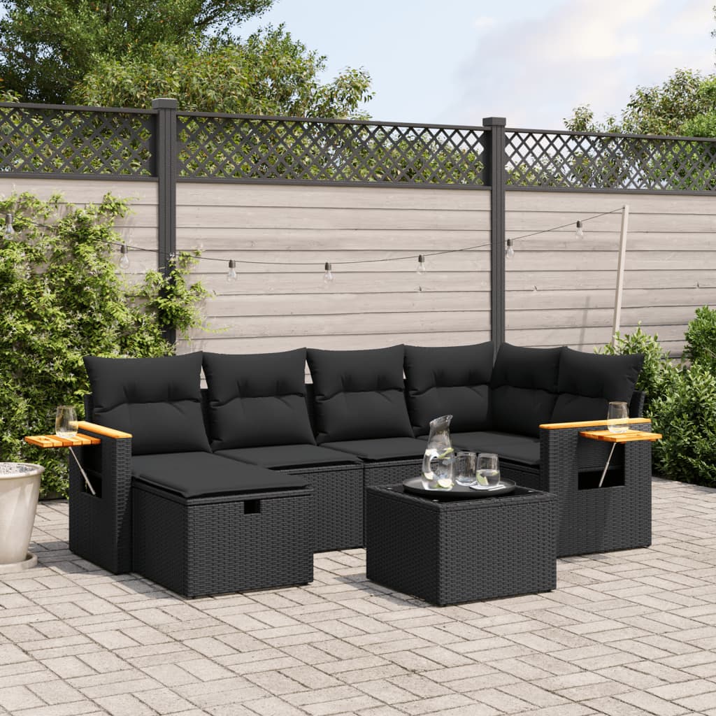 7-tlg. Garten-Sofagarnitur mit Kissen Schwarz Poly Rattan 7-tlg. Garten-Sofagarnitur mit Kissen Schwarz Poly Rattan