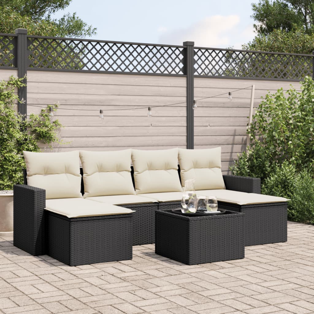 7-tlg. Garten-Sofagarnitur mit Kissen Schwarz Poly Rattan 7-tlg. Garten-Sofagarnitur mit Kissen Schwarz Poly Rattan
