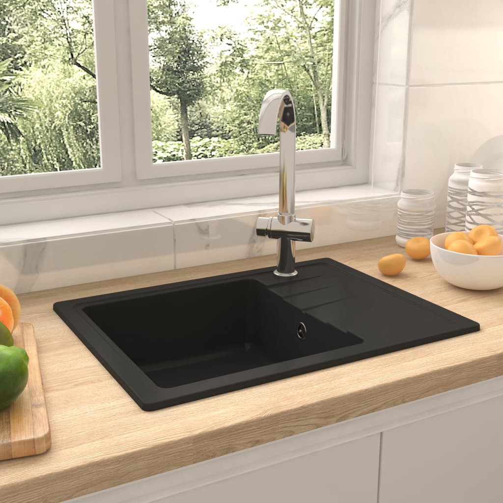 Küchenspüle mit Überlauf Oval Schwarz Granit Küchenspüle mit Überlauf Oval Schwarz Granit