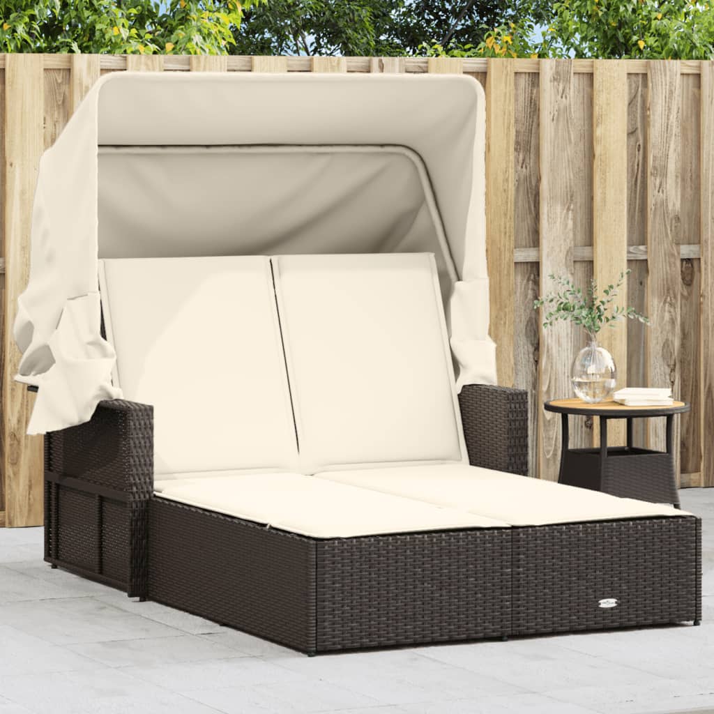 Doppel-Sonnenliege mit Dach und Auflagen Braun Poly Rattan Doppel-Sonnenliege mit Dach und Auflagen Braun Poly Rattan