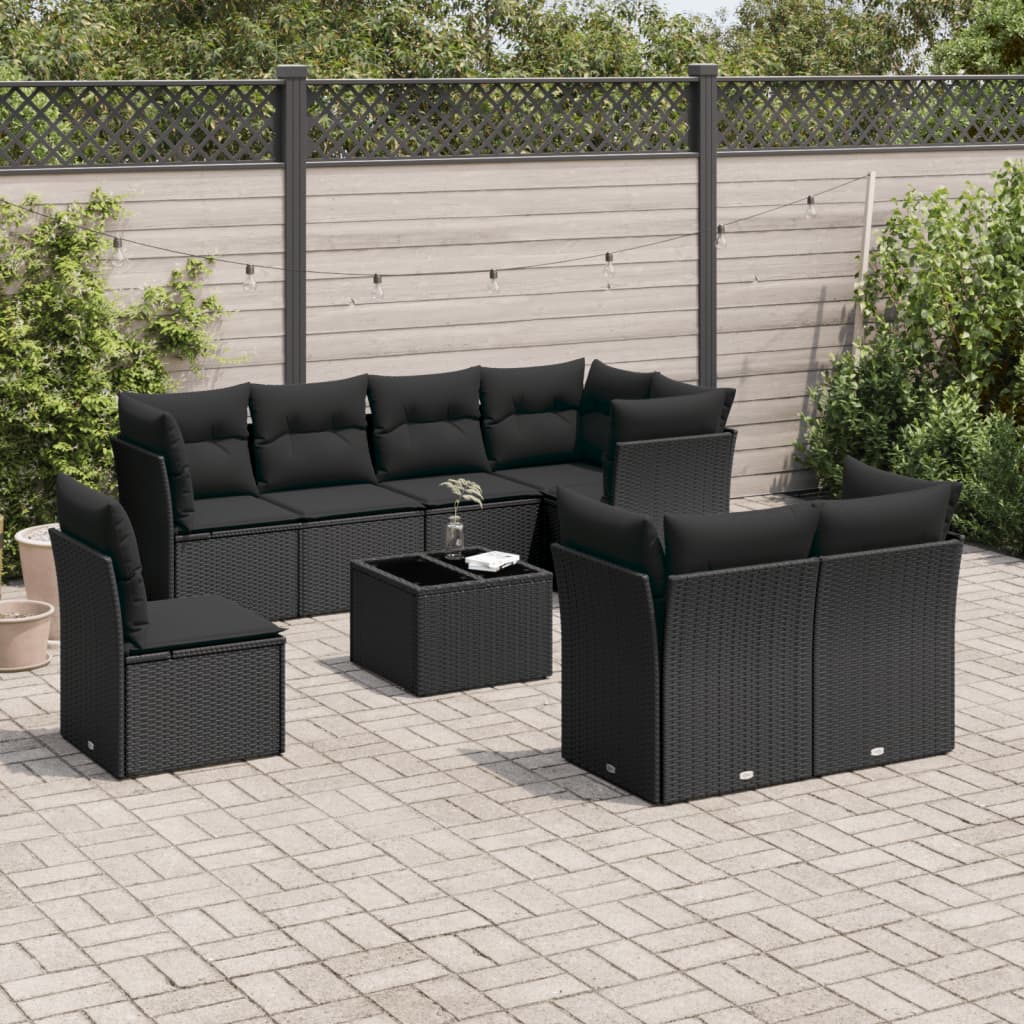 9-tlg. Garten-Sofagarnitur mit Kissen Schwarz Poly Rattan 9-tlg. Garten-Sofagarnitur mit Kissen Schwarz Poly Rattan