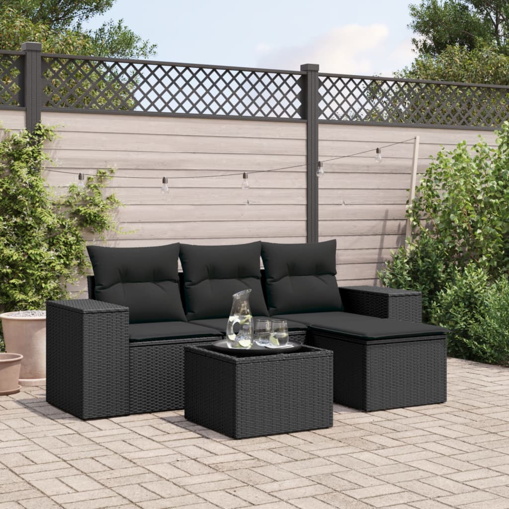 5-tlg. Garten-Sofagarnitur mit Kissen Schwarz Poly Rattan 5-tlg. Garten-Sofagarnitur mit Kissen Schwarz Poly Rattan