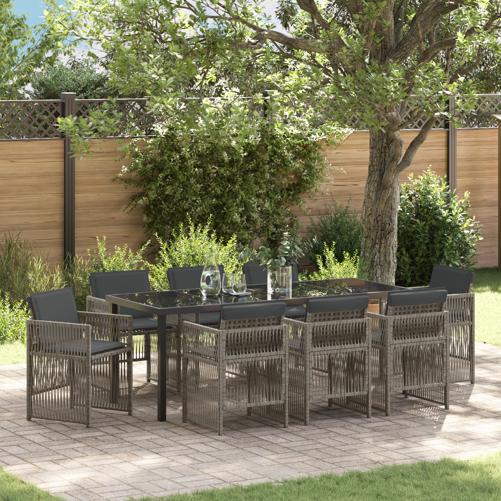 9-teiliges Garten Essset mit Kissen Graues Poly-Rattan 9-teiliges Garten Essset mit Kissen Graues Poly-Rattan