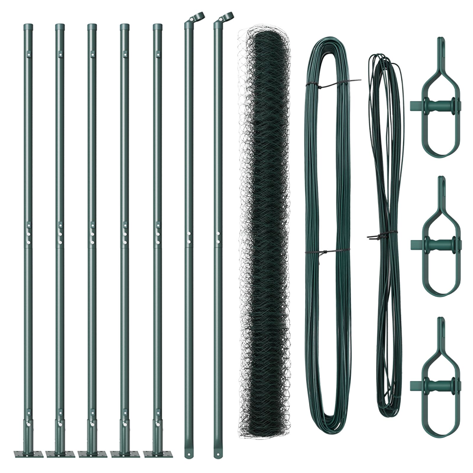 Sechseckzaun Grün 1,4x10 m Stahl, Zaunpfosten mit Grundplatten 7 Stück Ø32mm 78,5cm verzinkter Stahl