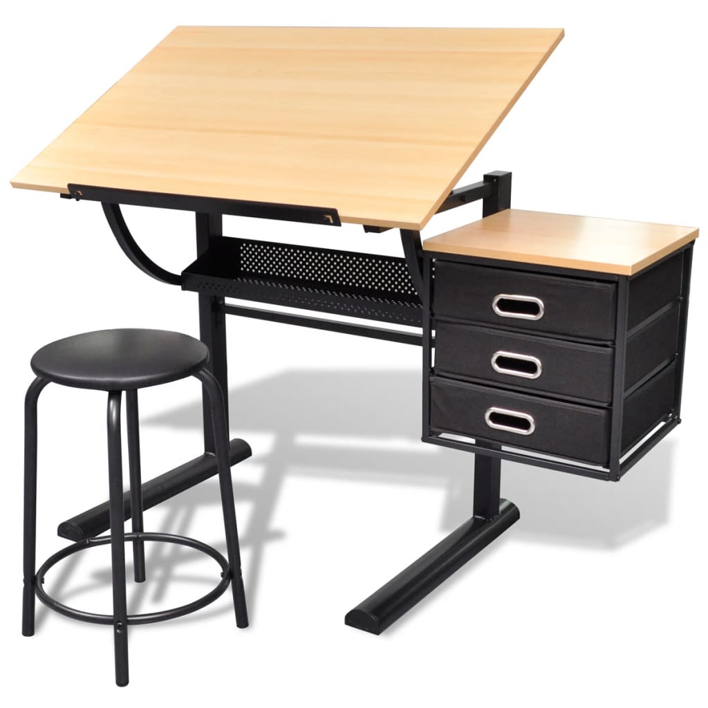 Zeichentisch mit neigbarer Tischplatte 3 Schubladen und Hocker Zeichentisch mit neigbarer Tischplatte 3 Schubladen und Hocker