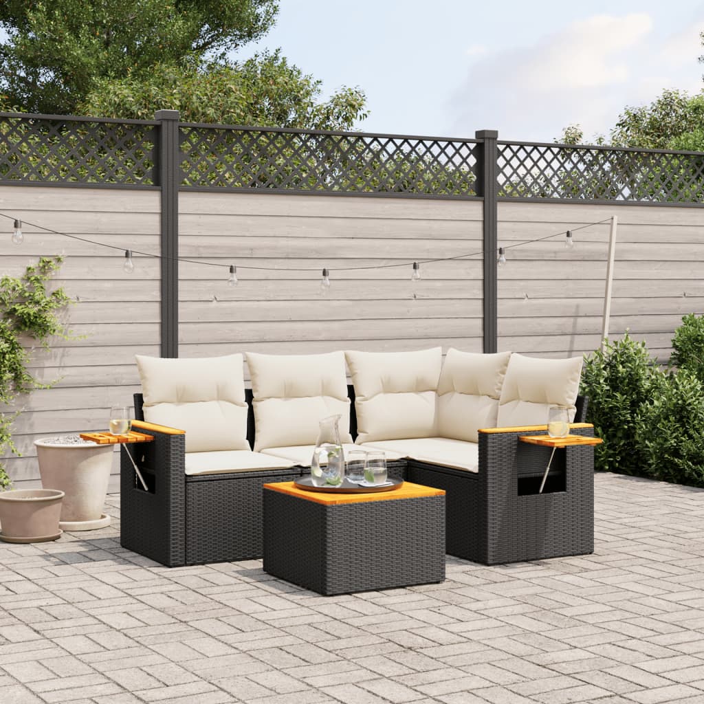 5-tlg. Garten-Sofagarnitur mit Kissen Schwarz Poly Rattan 5-tlg. Garten-Sofagarnitur mit Kissen Schwarz Poly Rattan