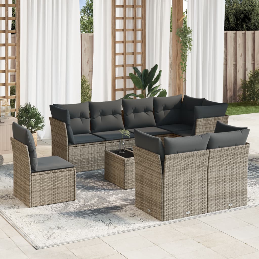9-tlg. Garten-Sofagarnitur mit Kissen Grau Poly Rattan 9-tlg. Garten-Sofagarnitur mit Kissen Grau Poly Rattan