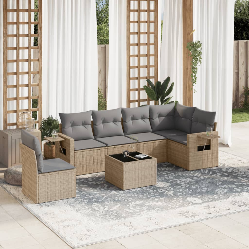 7-tlg. Garten-Sofagarnitur mit Kissen Beige Poly Rattan 7-tlg. Garten-Sofagarnitur mit Kissen Beige Poly Rattan