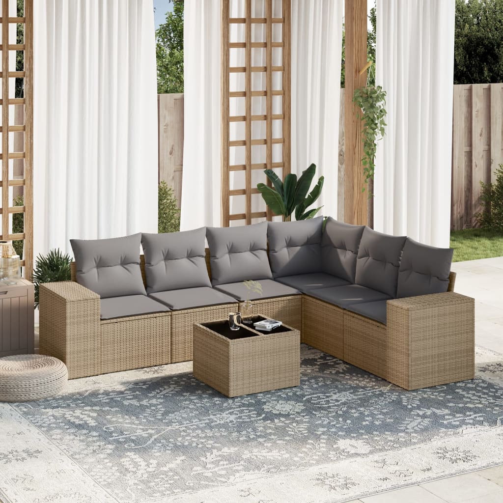 7-tlg. Garten-Sofagarnitur mit Kissen Beige Poly Rattan 7-tlg. Garten-Sofagarnitur mit Kissen Beige Poly Rattan