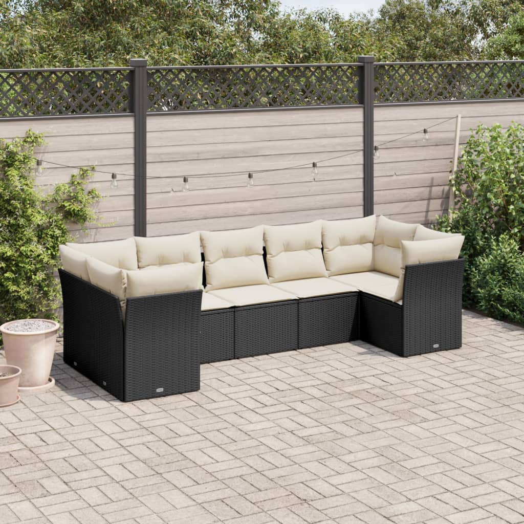 7-tlg. Garten-Sofagarnitur mit Kissen Schwarz Poly Rattan 7-tlg. Garten-Sofagarnitur mit Kissen Schwarz Poly Rattan