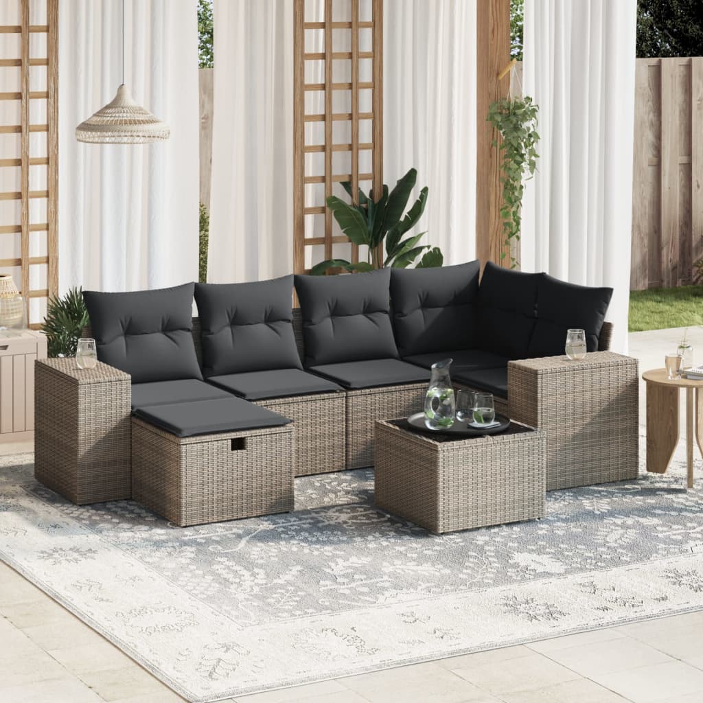 7-tlg. Garten-Sofagarnitur mit Kissen Grau Poly Rattan 7-tlg. Garten-Sofagarnitur mit Kissen Grau Poly Rattan