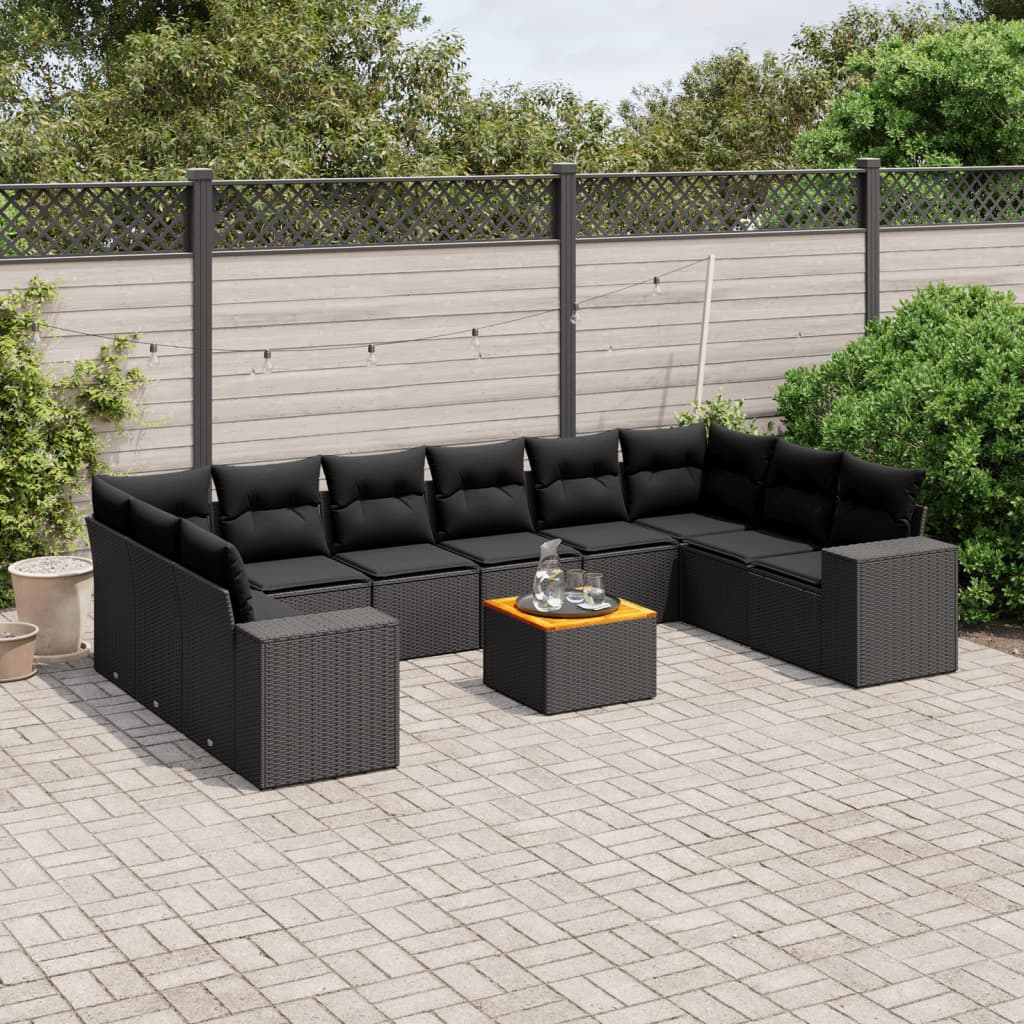 11-tlg. Garten-Sofagarnitur mit Kissen Schwarz Poly Rattan 11-tlg. Garten-Sofagarnitur mit Kissen Schwarz Poly Rattan