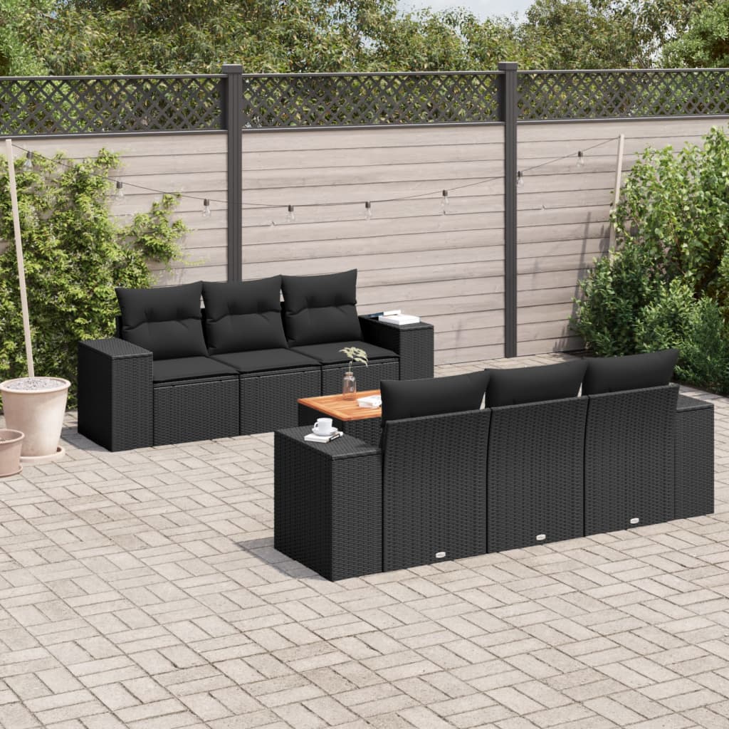 7-tlg. Garten-Sofagarnitur mit Kissen Schwarz Poly Rattan 7-tlg. Garten-Sofagarnitur mit Kissen Schwarz Poly Rattan