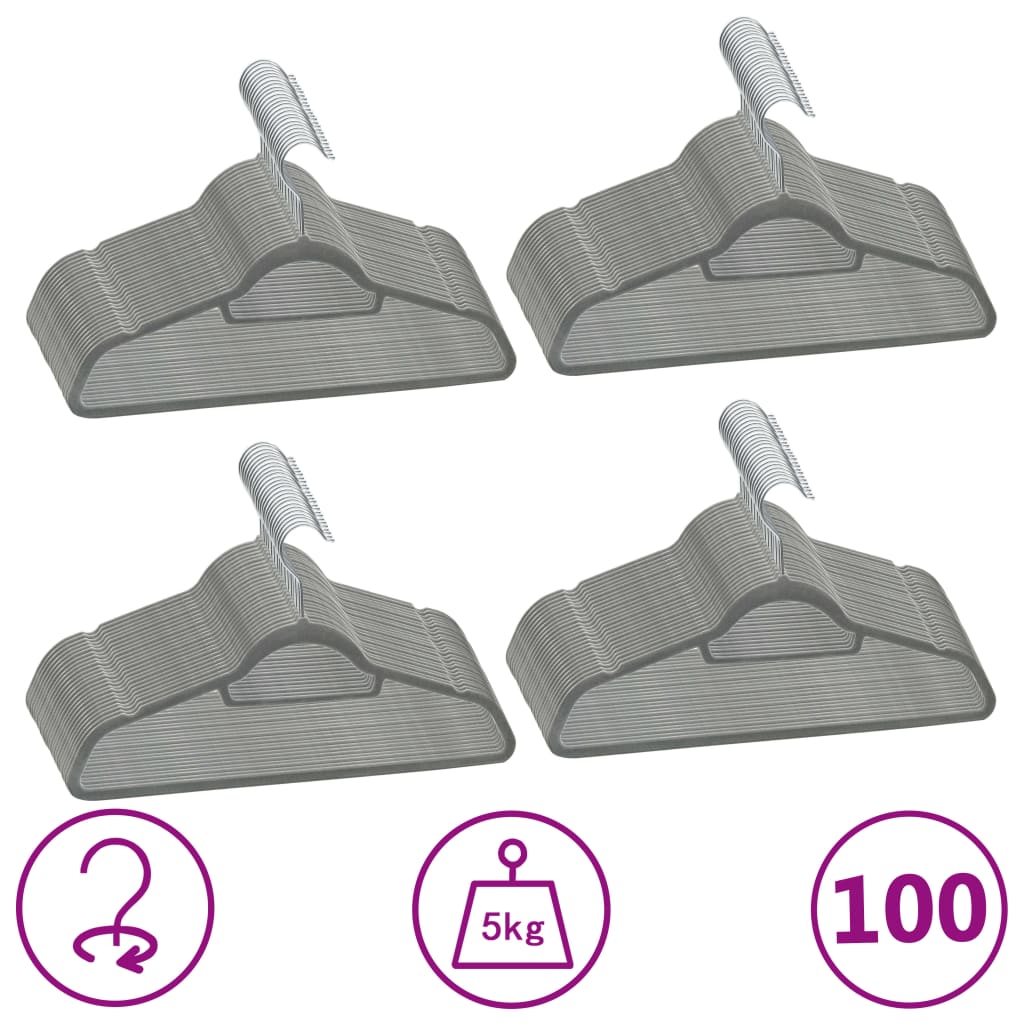 100 Stk. Kleiderbügel-Set Anti-Rutsch Grau Samt 100 Stk. Kleiderbügel-Set Anti-Rutsch Grau Samt