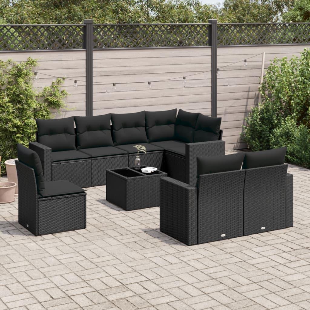 9-tlg. Garten-Sofagarnitur mit Kissen Schwarz Poly Rattan 9-tlg. Garten-Sofagarnitur mit Kissen Schwarz Poly Rattan