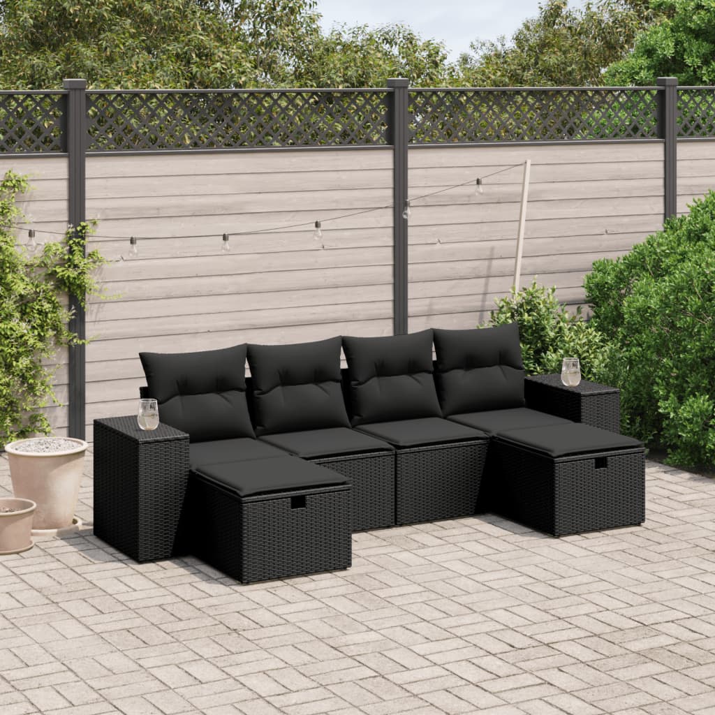 6-tlg. Garten-Sofagarnitur mit Kissen Schwarz Poly Rattan 6-tlg. Garten-Sofagarnitur mit Kissen Schwarz Poly Rattan