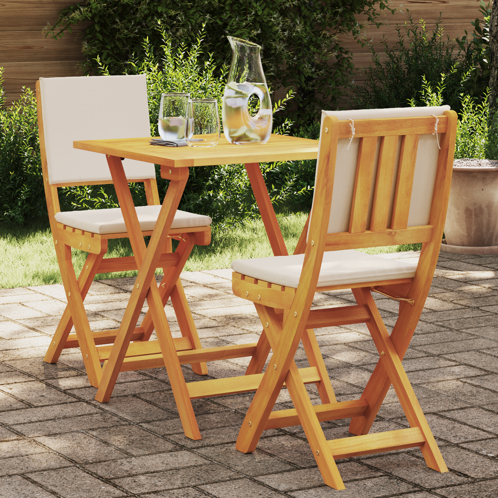 3-teiliges Faltbares Bistro-Set mit Kissen aus solidem Akazienholz 3-teiliges Faltbares Bistro-Set mit Kissen aus solidem Akazienholz