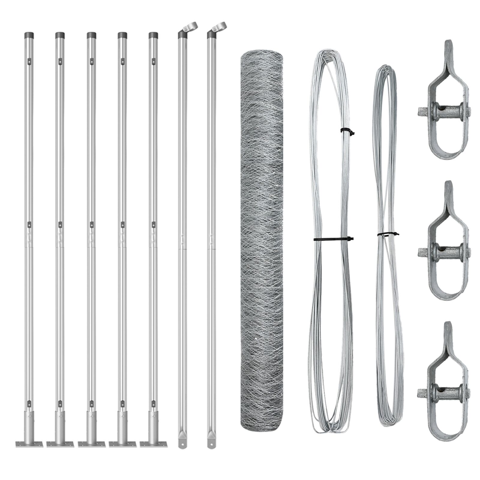 Sechseckzaun 1x10 m Galvanisierter Stahl, Zaunpfosten mit Bodenplatten 7 Stück Ø32mm 110cm Galvanisierter Stahl