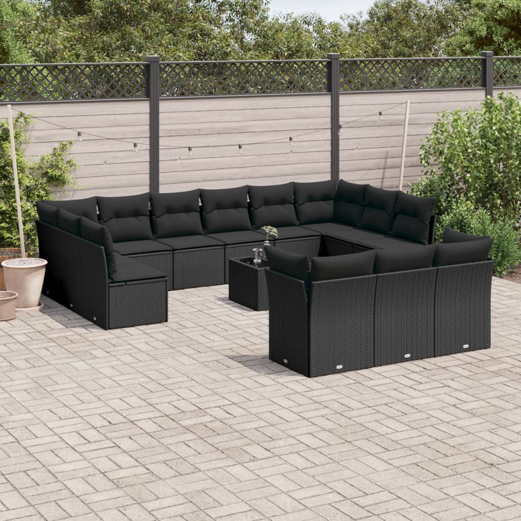 14-tlg. Garten-Sofagarnitur mit Kissen Schwarz Poly Rattan 14-tlg. Garten-Sofagarnitur mit Kissen Schwarz Poly Rattan