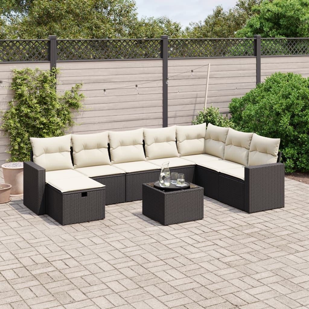9-tlg. Garten-Sofagarnitur mit Kissen Schwarz Poly Rattan 9-tlg. Garten-Sofagarnitur mit Kissen Schwarz Poly Rattan