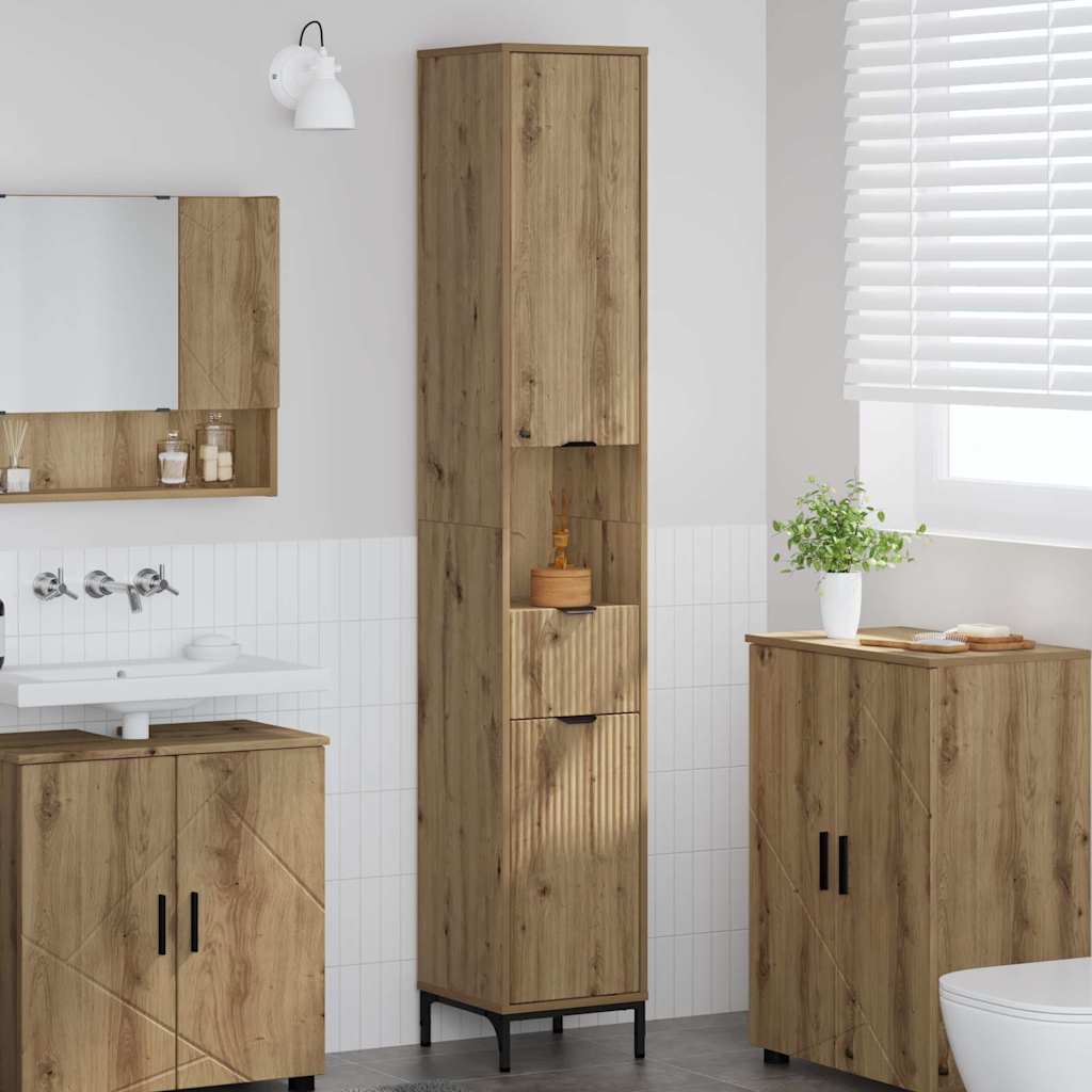 Bad hoher Schrank mit Tür Eiche handwerklich 31,5 x 33 x 190 cm