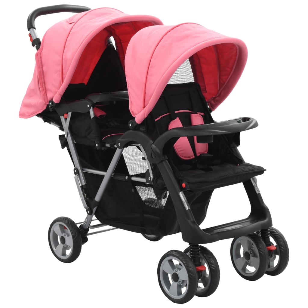 Tandem-Kinderwagen Stahl Rosa und Schwarz Tandem-Kinderwagen Stahl Rosa und Schwarz