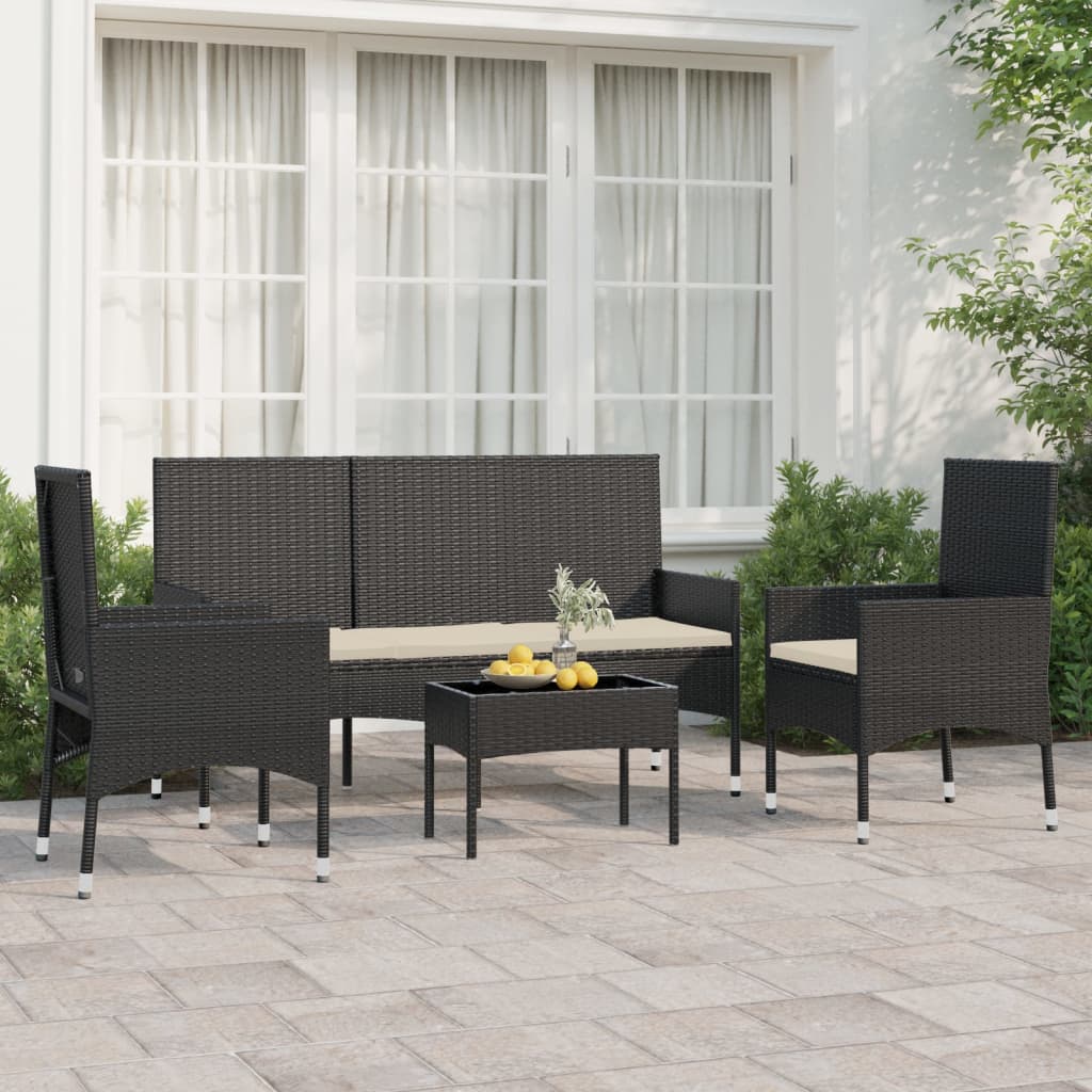 4-tlg. Garten-Lounge-Set mit Kissen Schwarz Poly Rattan 4-tlg. Garten-Lounge-Set mit Kissen Schwarz Poly Rattan