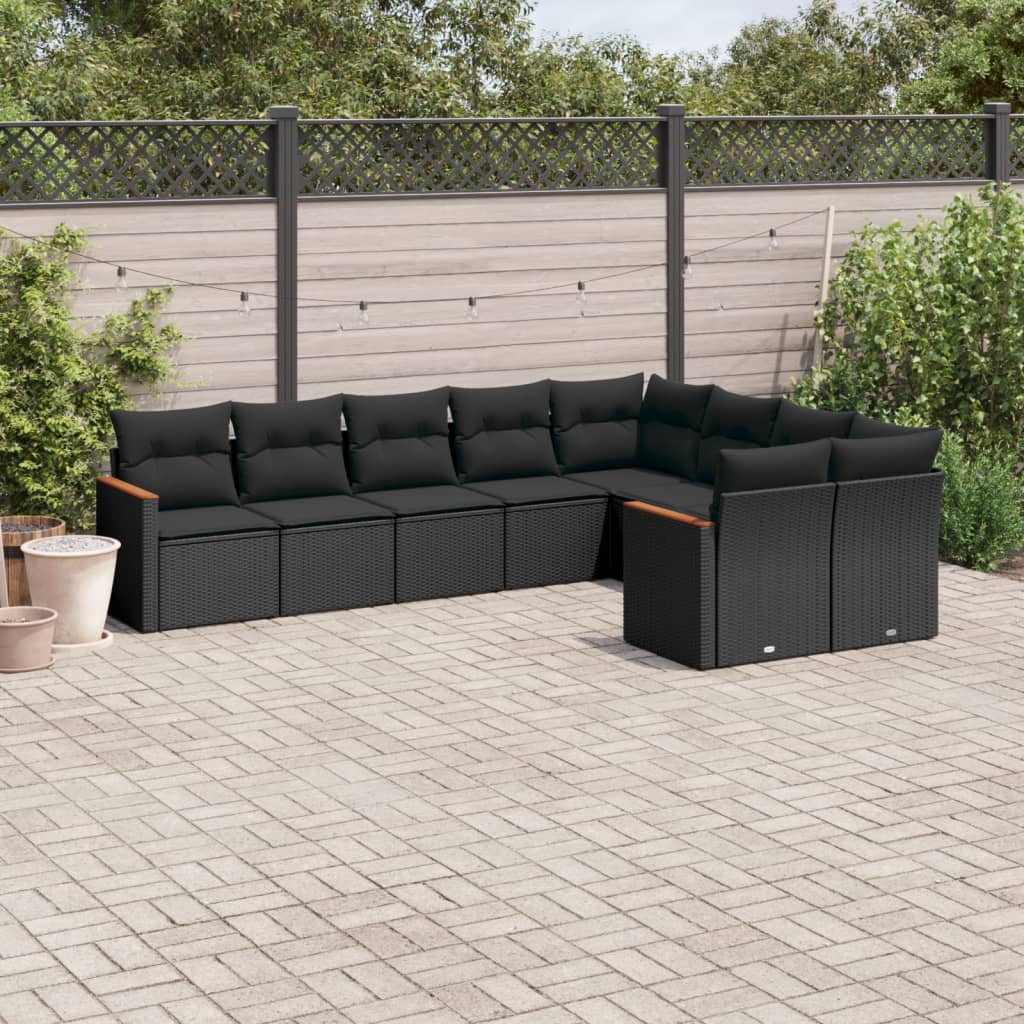 9-tlg. Garten-Sofagarnitur mit Kissen Schwarz Poly Rattan 9-tlg. Garten-Sofagarnitur mit Kissen Schwarz Poly Rattan