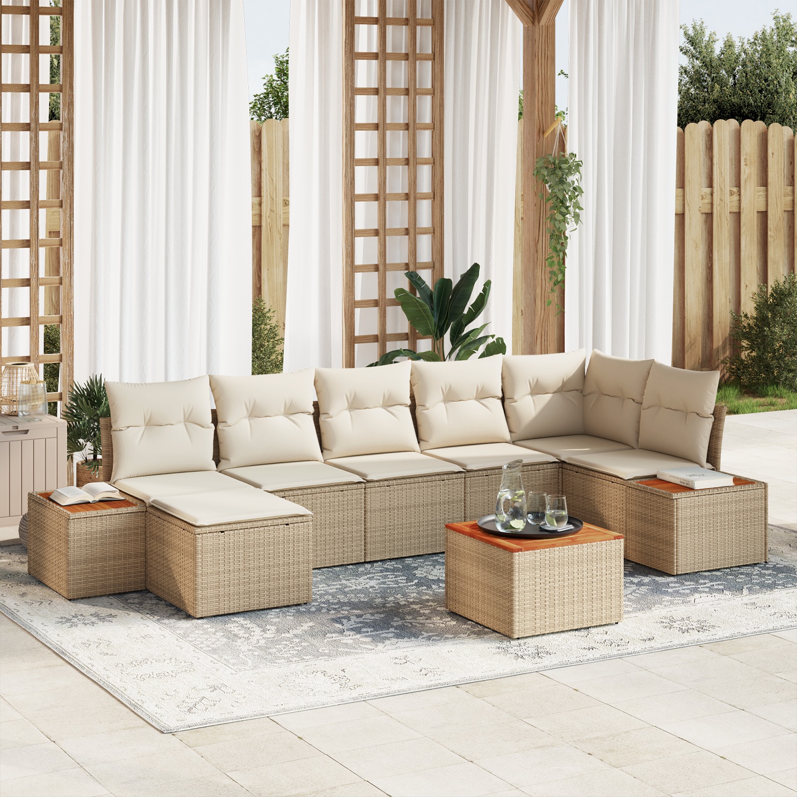 8-teiliges Garten Sofa Set mit Kissen in Beige Poly Rattan Akazie 8-teiliges Garten Sofa Set mit Kissen in Beige Poly Rattan Akazie
