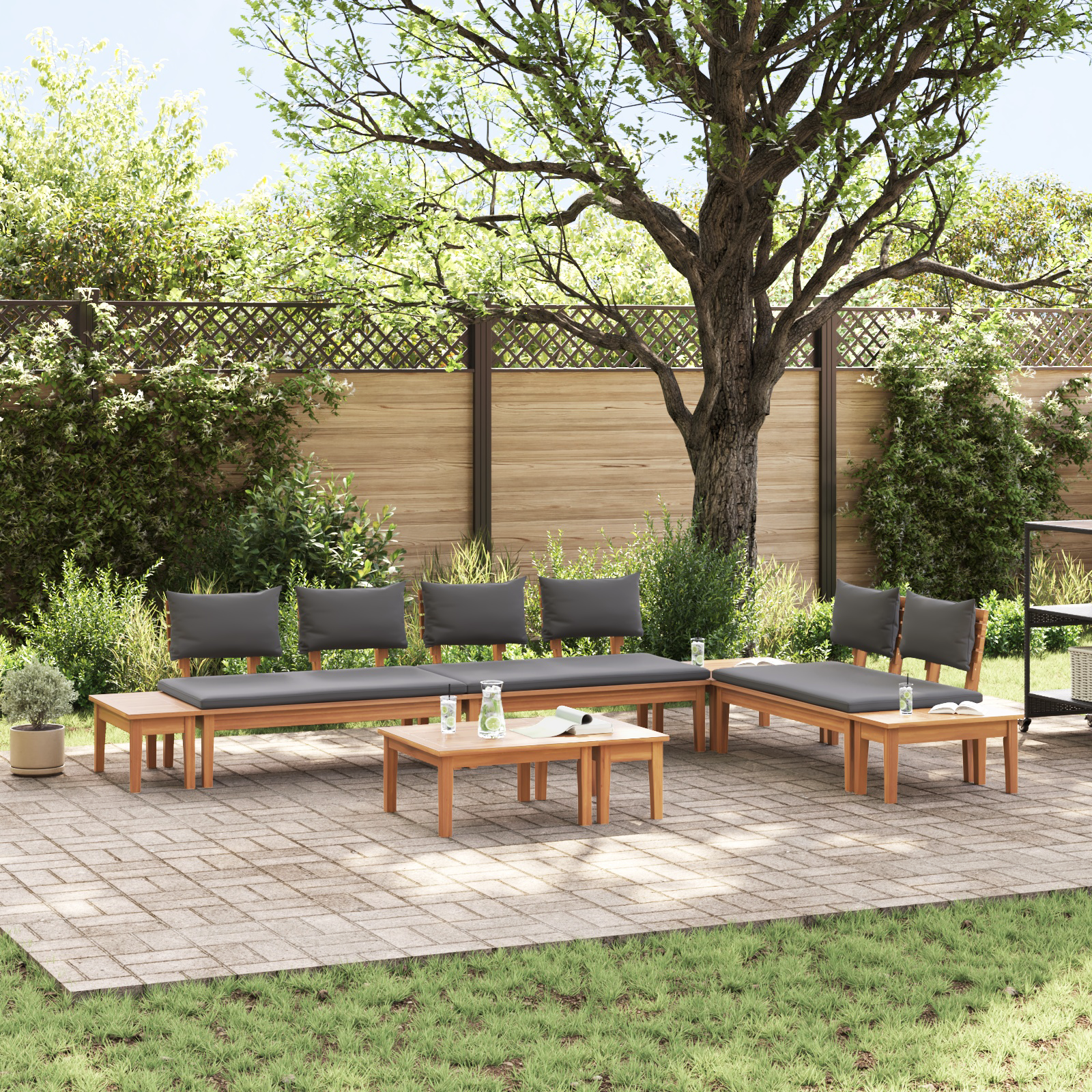 5-teiliges Gartenbank Set mit Kissen aus Teakholz 5-teiliges Gartenbank Set mit Kissen aus Teakholz