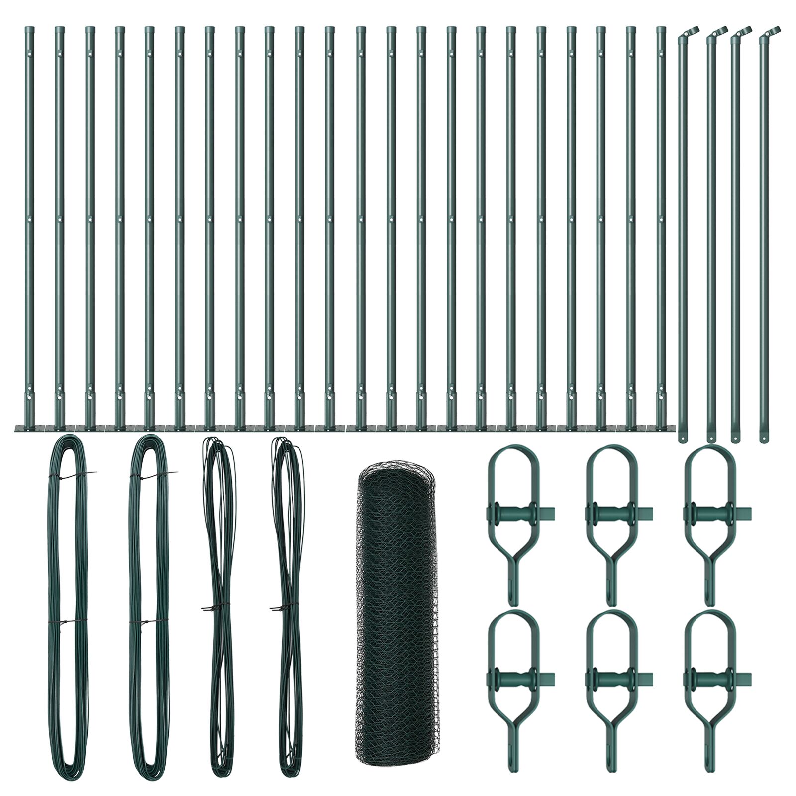 Sechseckzaun Grün 1x50 m Stahl, Zaunpfähle mit Grundplatten 13 Stück Ø32mm 110cm verzinkter Stahl