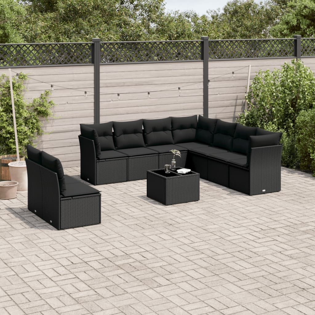 10-tlg. Garten-Sofagarnitur mit Kissen Schwarz Poly Rattan 10-tlg. Garten-Sofagarnitur mit Kissen Schwarz Poly Rattan