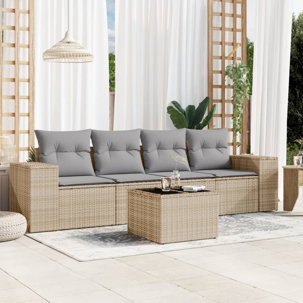 5-tlg. Garten-Sofagarnitur mit Kissen Beige Poly Rattan 5-tlg. Garten-Sofagarnitur mit Kissen Beige Poly Rattan