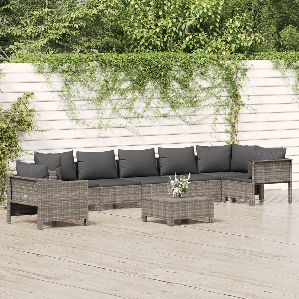 8-tlg. Garten-Lounge-Set mit Kissen Grau Poly Rattan