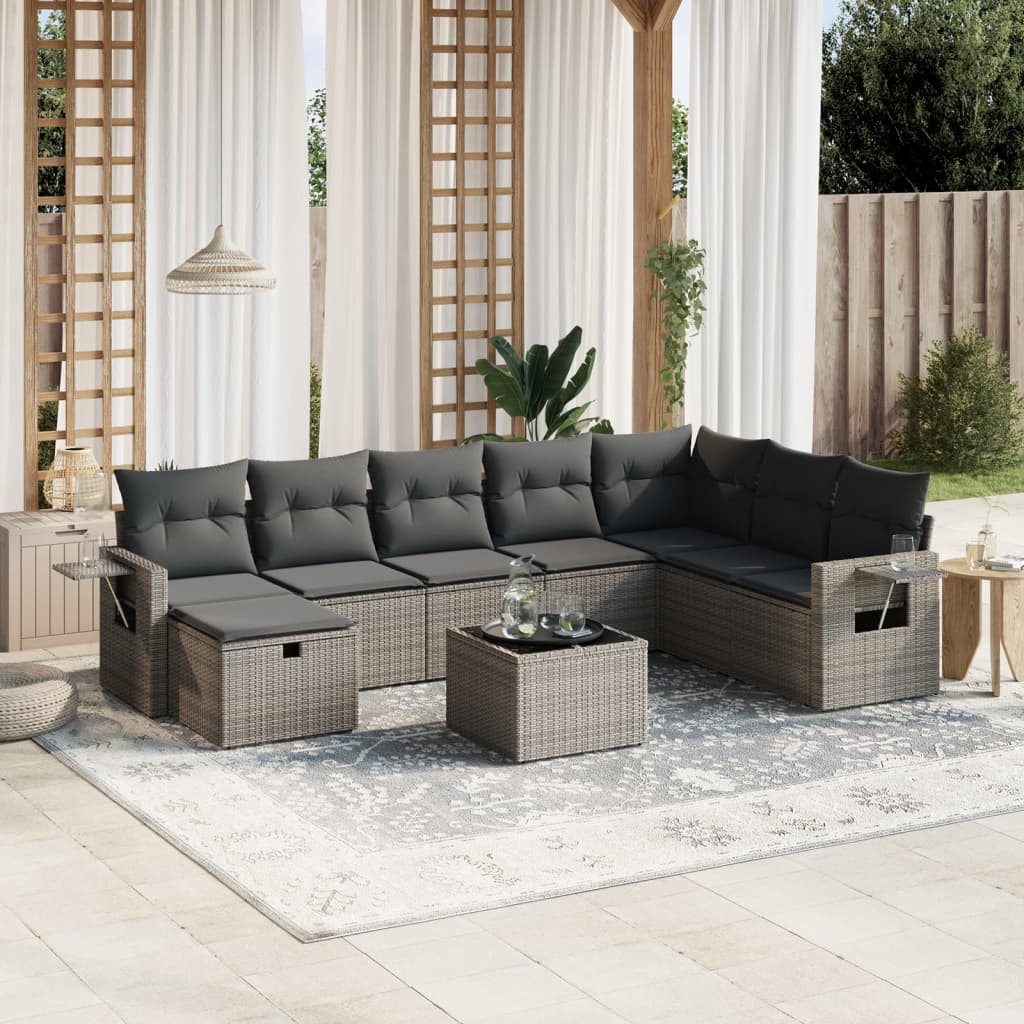 9-tlg. Garten-Sofagarnitur mit Kissen Grau Poly Rattan 9-tlg. Garten-Sofagarnitur mit Kissen Grau Poly Rattan