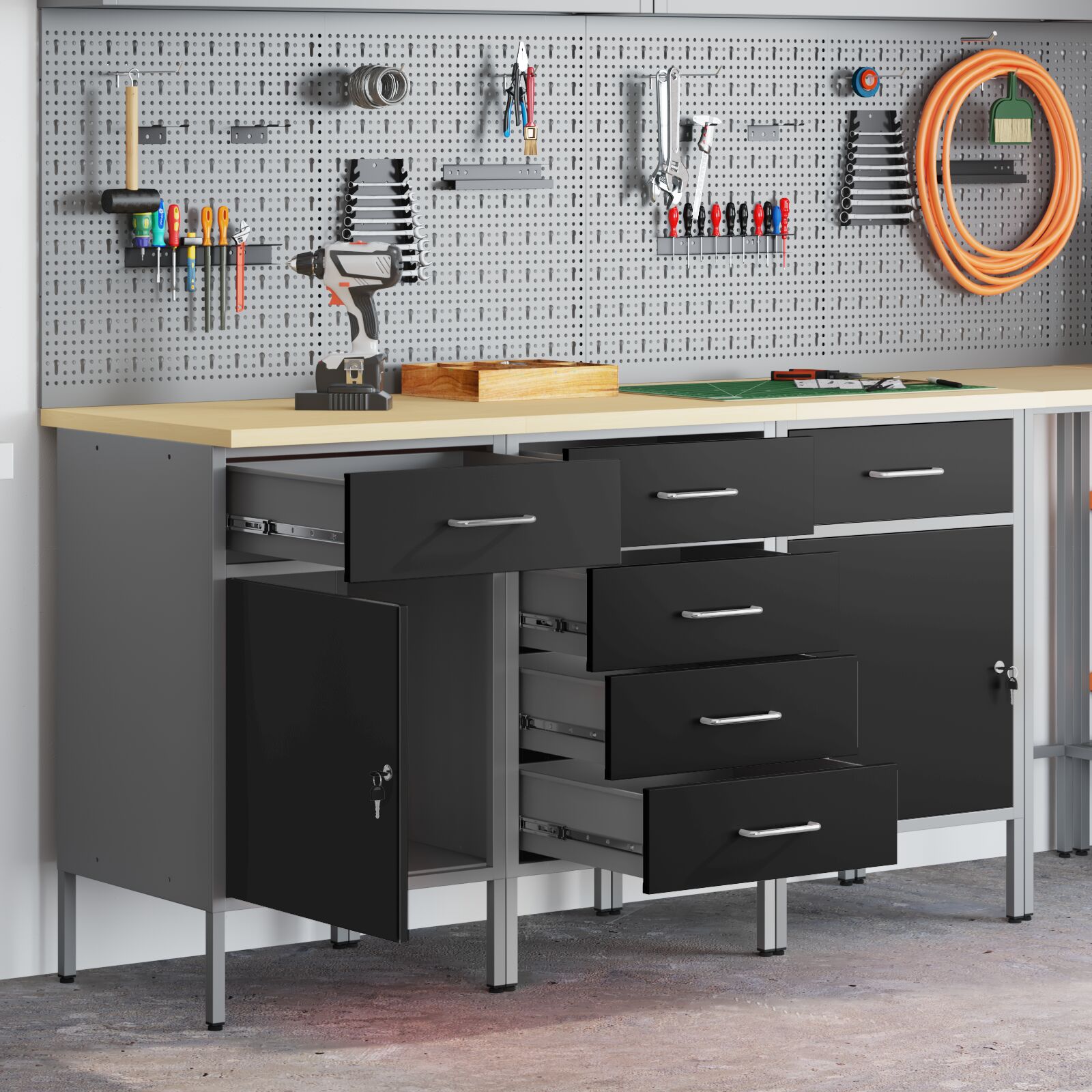 vidaXL 3-teiliges Werkbank-Set in Schwarz und Grau aus Holzwerkstoff und Stahl vidaXL 3-teiliges Werkbank-Set in Schwarz und Grau aus Holzwerkstoff und Stahl