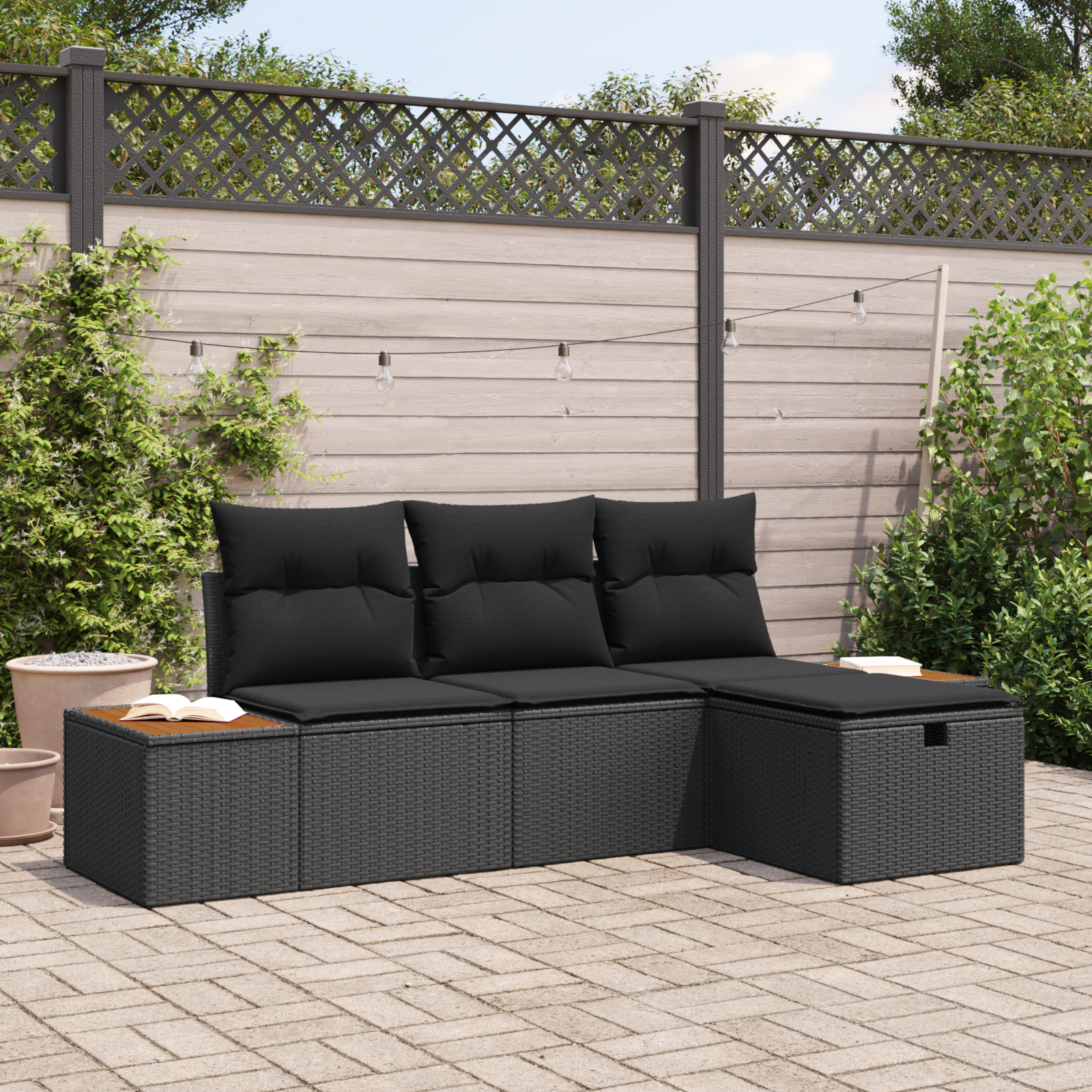 4-teiliges Garten Sofa Set mit Kissen Schwarz Poly Rattan 4-teiliges Garten Sofa Set mit Kissen Schwarz Poly Rattan