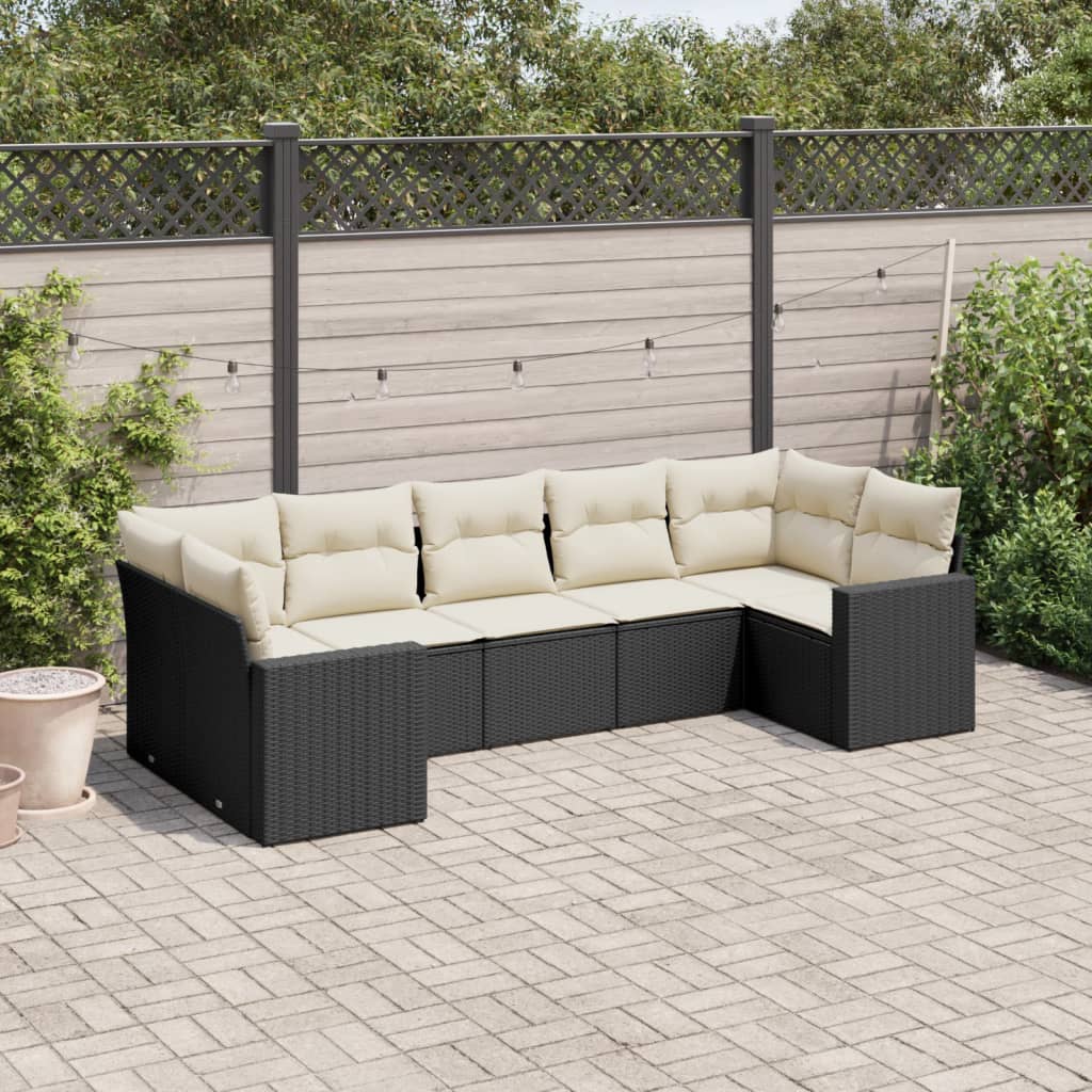 7-tlg. Garten-Sofagarnitur mit Kissen Schwarz Poly Rattan 7-tlg. Garten-Sofagarnitur mit Kissen Schwarz Poly Rattan