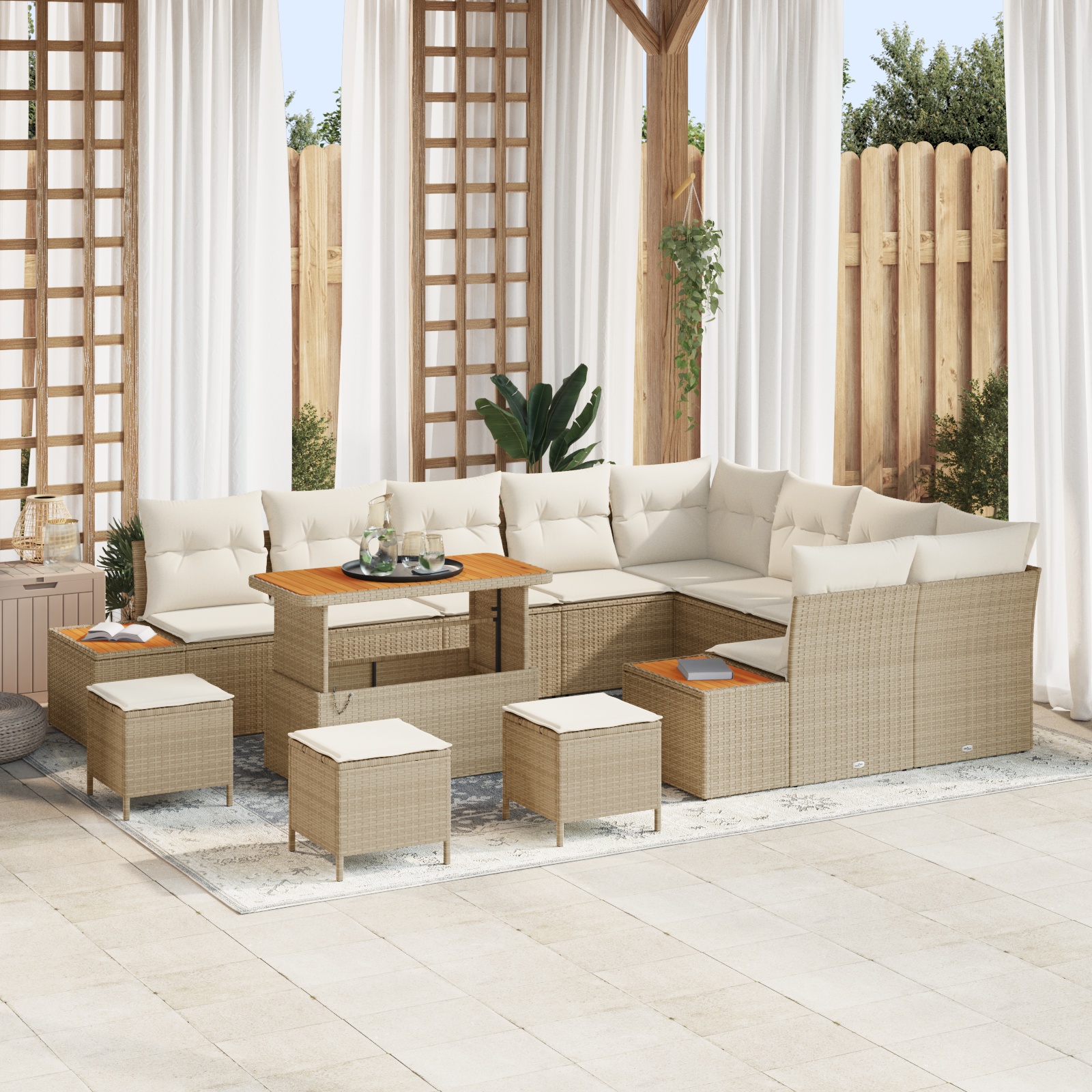 13-teiliges Garten Sofa Set mit Kissen Beige Poly Rattan Akazie 13-teiliges Garten Sofa Set mit Kissen Beige Poly Rattan Akazie