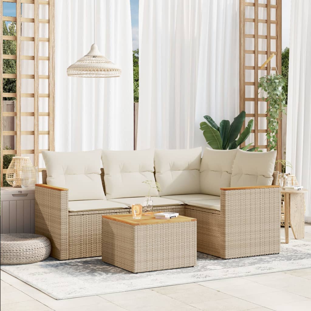 5-tlg. Garten-Sofagarnitur mit Kissen Beige Poly Rattan