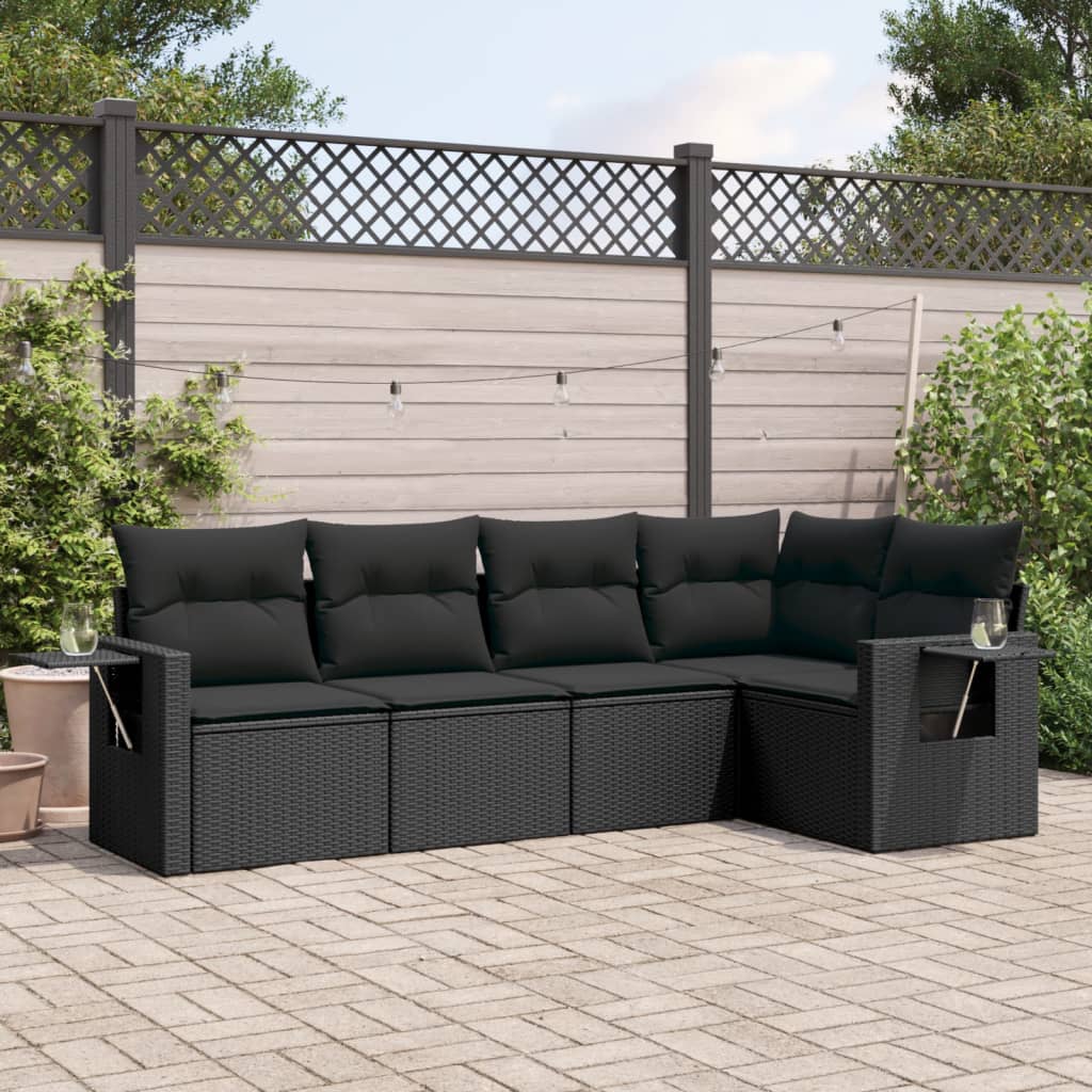 5-tlg. Garten-Sofagarnitur mit Kissen Schwarz Poly Rattan 5-tlg. Garten-Sofagarnitur mit Kissen Schwarz Poly Rattan