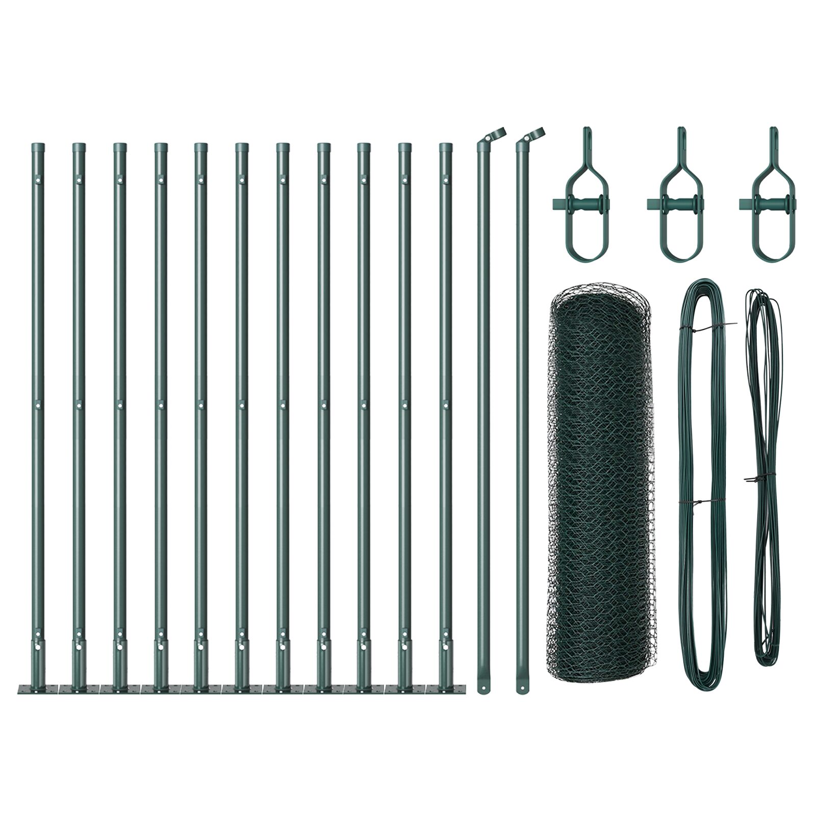 Sechseckzaun Grün 0.4x25 m Stahl, Zaunpfosten mit Fußplatten 13 Stück Ø32mm 50cm feuerverzinkter Stahl