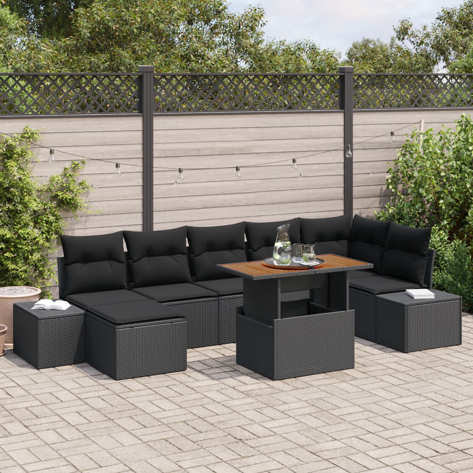 vidaXL Garten Sofa Set 8-teilig Schwarz Poly Rattan, Stahl, Holz
