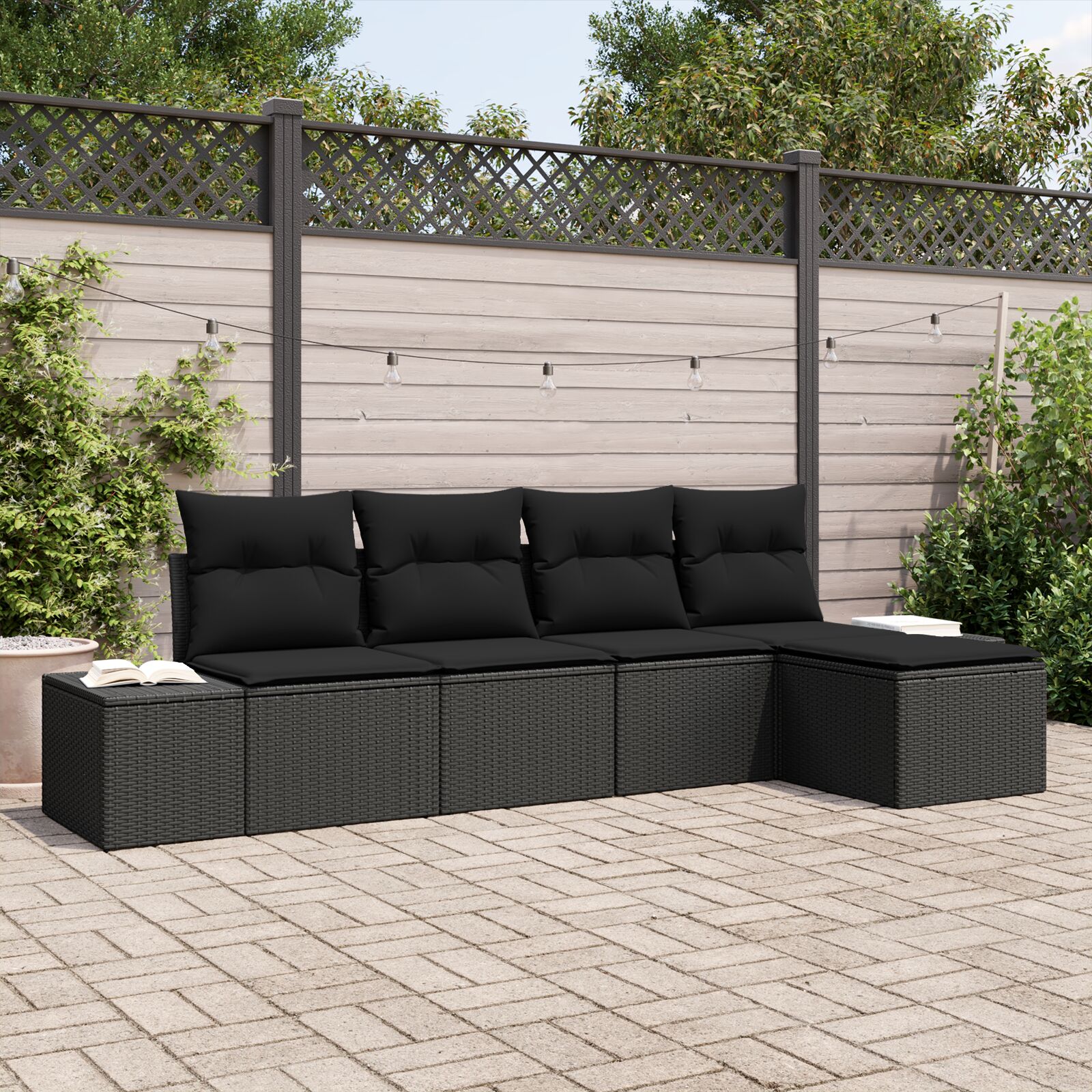 5-teiliges Garten Sofa Set mit Kissen Schwarz Poly Rattan 5-teiliges Garten Sofa Set mit Kissen Schwarz Poly Rattan