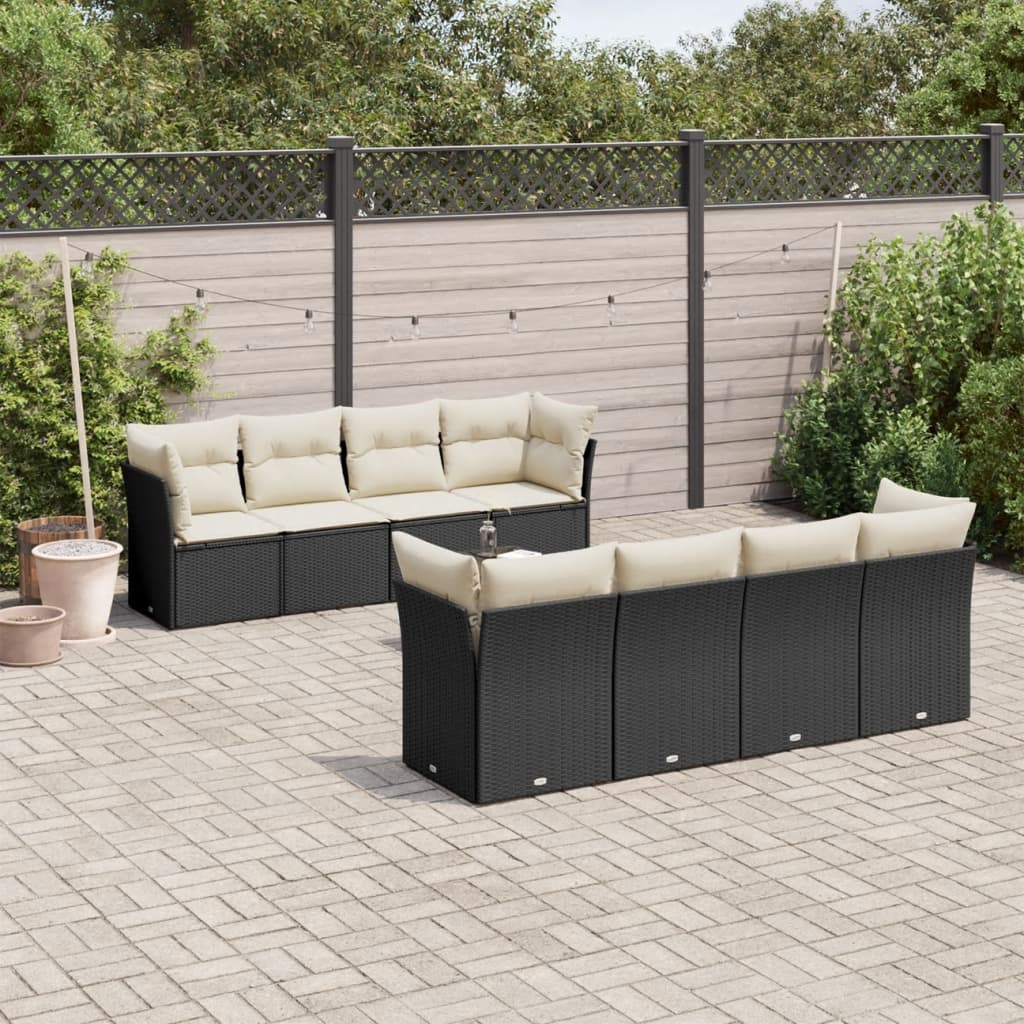 9-tlg. Garten-Sofagarnitur mit Kissen Schwarz Poly Rattan 9-tlg. Garten-Sofagarnitur mit Kissen Schwarz Poly Rattan